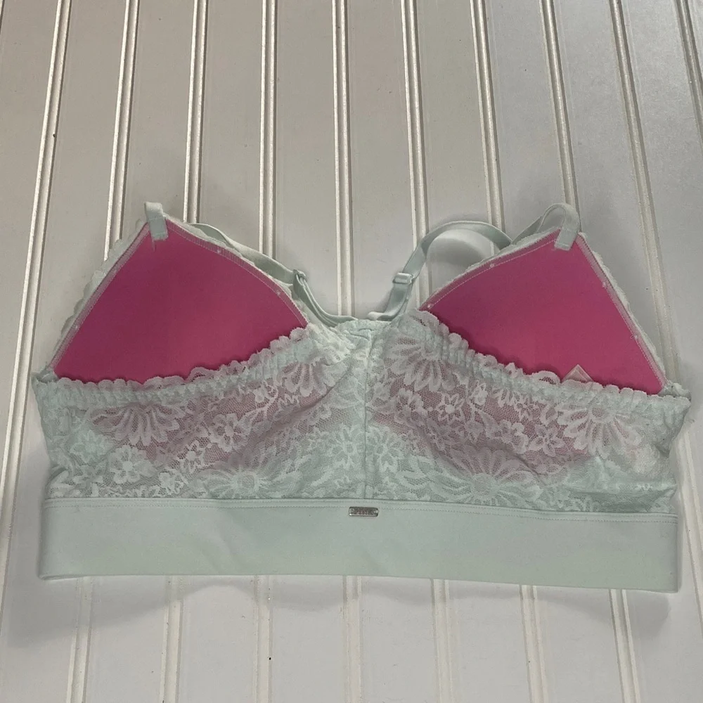 PINK lightly lined Lace Bralette in Soft blue Green size large